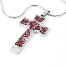 Load image into Gallery viewer, Dark Pink Roses on Faux Marble Cross In Stainless Steel or 18K Gold Finish With Chain Necklace and Gift Box
