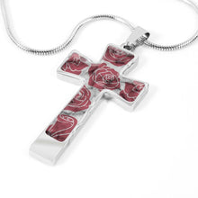 Load image into Gallery viewer, Pink Roses on Faux Marble Cross In Stainless Steel or 18K Gold Finish With Chain Necklace and Gift Box