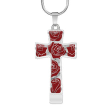 Load image into Gallery viewer, Roses on Cross Pendant Necklace White Faux Marble In Stainless Steel or 18K Gold Finish With Chain and Gift Box