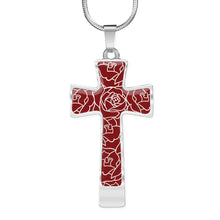 Load image into Gallery viewer, Red With Rose Outline Pattern Cross Jewelry Pendant Stainless Steel or 18K Gold Plater With Necklace Chain and Gift Box