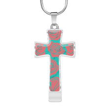 Load image into Gallery viewer, Roses on Teal Faux Marble With Roses Cross Pendant Necklace In Stainless Steel or 18K Gold Finish With Chain and Gift Box