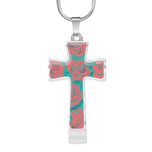 Load image into Gallery viewer, Teal Faux Marble With Roses Cross Pendant Necklace In Stainless Steel or 18K Gold Finish With Chain and Gift Box