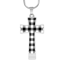 Load image into Gallery viewer, Black and White Buffalo Plaid Christian Cross Necklace With Chain and Gift Box