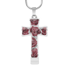 Load image into Gallery viewer, Dark Pink Roses on Faux Marble Cross In Stainless Steel or 18K Gold Finish With Chain Necklace and Gift Box