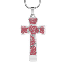 Load image into Gallery viewer, Rosey Pink Roses on Faux Marble Cross In Stainless Steel or 18K Gold Finish With Chain Necklace and Gift Box