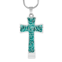 Load image into Gallery viewer, Teal With Rose Outline Pattern on Stainless Steel Cross With Necklace Chain and Gift Box