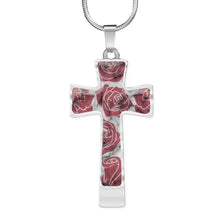 Load image into Gallery viewer, Pink Roses on Faux Marble Cross In Stainless Steel or 18K Gold Finish With Chain Necklace and Gift Box