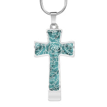 Load image into Gallery viewer, Turquoise With Rose Outline Pattern on Stainless Steel Cross Pendant Necklace With Chain and Gift Box