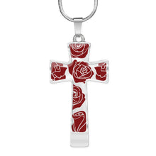 Load image into Gallery viewer, Roses on Cross Pendant In Stainless Steel or 18K Gold Finish With Chain and Gift Box Gift Set