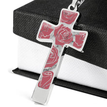 Load image into Gallery viewer, Rosey Pink Roses on Faux Marble Cross In Stainless Steel or 18K Gold Finish With Chain Necklace and Gift Box