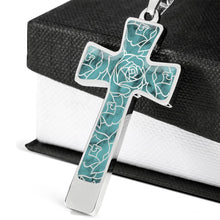 Load image into Gallery viewer, Turquoise With Rose Outline Pattern on Stainless Steel Cross Pendant Necklace With Chain and Gift Box