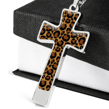 Load image into Gallery viewer, Leopard Print Christian Cross In Stainless Steel or Gold With Chain and Gift Box