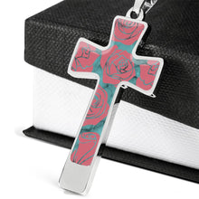 Load image into Gallery viewer, Turquoise With Pink Roses on Faux Marble Cross In Stainless Steel or 18K Gold Finish With Chain Necklace and Gift Box