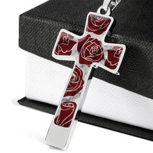 Load image into Gallery viewer, Red Roses on Cross Pendant Necklace White Faux Marble In Stainless Steel or 18K Gold Finish With Chain and Gift Box