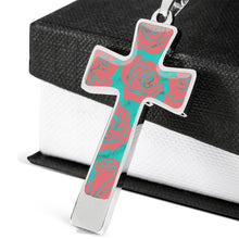 Load image into Gallery viewer, Roses on Teal Faux Marble With Roses Cross Pendant Necklace In Stainless Steel or 18K Gold Finish With Chain and Gift Box