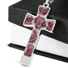 Load image into Gallery viewer, Dark Pink Roses on Faux Marble Cross In Stainless Steel or 18K Gold Finish With Chain Necklace and Gift Box