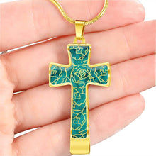 Load image into Gallery viewer, Teal With Rose Outline Pattern on Stainless Steel Cross With Necklace Chain and Gift Box