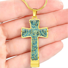 Load image into Gallery viewer, Turquoise With Rose Outline Pattern on Stainless Steel Cross Pendant Necklace With Chain and Gift Box