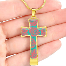 Load image into Gallery viewer, Roses on Teal Faux Marble With Roses Cross Pendant Necklace In Stainless Steel or 18K Gold Finish With Chain and Gift Box