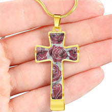 Load image into Gallery viewer, Pink Roses on Faux Marble Cross In Stainless Steel or 18K Gold Finish With Chain Necklace and Gift Box