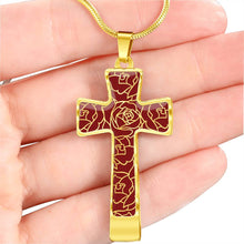 Load image into Gallery viewer, Red With Rose Outline Pattern Cross Jewelry Pendant Stainless Steel or 18K Gold Plater With Necklace Chain and Gift Box