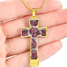 Load image into Gallery viewer, Dark Pink Roses on Faux Marble Cross In Stainless Steel or 18K Gold Finish With Chain Necklace and Gift Box