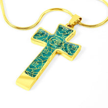 Load image into Gallery viewer, Teal With Rose Outline Pattern on Stainless Steel Cross With Necklace Chain and Gift Box