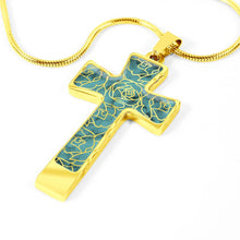 Load image into Gallery viewer, Turquoise With Rose Outline Pattern on Stainless Steel Cross Pendant Necklace With Chain and Gift Box