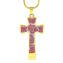 Load image into Gallery viewer, Rosey Pink Roses on Faux Marble Cross In Stainless Steel or 18K Gold Finish With Chain Necklace and Gift Box