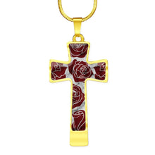 Load image into Gallery viewer, Red Roses on Cross Pendant Necklace White Faux Marble In Stainless Steel or 18K Gold Finish With Chain and Gift Box