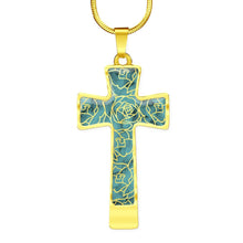 Load image into Gallery viewer, Turquoise With Rose Outline Pattern on Stainless Steel Cross Pendant Necklace With Chain and Gift Box