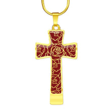 Load image into Gallery viewer, Red With Rose Outline Pattern Cross Jewelry Pendant Stainless Steel or 18K Gold Plater With Necklace Chain and Gift Box