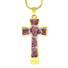 Load image into Gallery viewer, Pink Roses on Faux Marble Cross In Stainless Steel or 18K Gold Finish With Chain Necklace and Gift Box