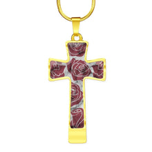 Load image into Gallery viewer, Dark Pink Roses on Faux Marble Cross In Stainless Steel or 18K Gold Finish With Chain Necklace and Gift Box