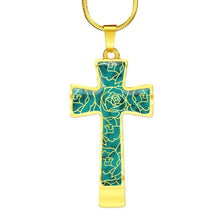 Load image into Gallery viewer, Teal With Rose Outline Pattern on Stainless Steel Cross With Necklace Chain and Gift Box