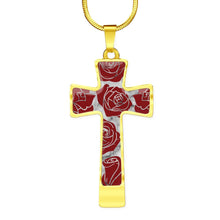 Load image into Gallery viewer, Roses on Cross Pendant Necklace White Faux Marble In Stainless Steel or 18K Gold Finish With Chain and Gift Box