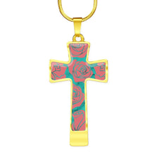 Load image into Gallery viewer, Teal Faux Marble With Roses Cross Pendant Necklace In Stainless Steel or 18K Gold Finish With Chain and Gift Box