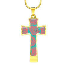 Load image into Gallery viewer, Roses on Teal Faux Marble With Roses Cross Pendant Necklace In Stainless Steel or 18K Gold Finish With Chain and Gift Box