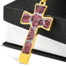 Load image into Gallery viewer, Pink Roses on Faux Marble Cross In Stainless Steel or 18K Gold Finish With Chain Necklace and Gift Box