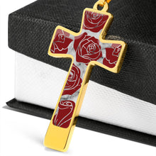 Load image into Gallery viewer, Roses on Cross Pendant Necklace White Faux Marble In Stainless Steel or 18K Gold Finish With Chain and Gift Box