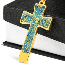 Load image into Gallery viewer, Turquoise With Rose Outline Pattern on Stainless Steel Cross Pendant Necklace With Chain and Gift Box