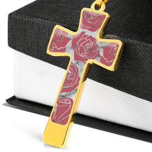Load image into Gallery viewer, Rosey Pink Roses on Faux Marble Cross In Stainless Steel or 18K Gold Finish With Chain Necklace and Gift Box