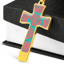 Load image into Gallery viewer, Roses on Teal Faux Marble With Roses Cross Pendant Necklace In Stainless Steel or 18K Gold Finish With Chain and Gift Box
