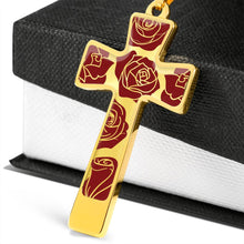 Load image into Gallery viewer, Roses on Cross Pendant In Stainless Steel or 18K Gold Finish With Chain and Gift Box Gift Set