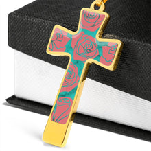 Load image into Gallery viewer, Teal Faux Marble With Roses Cross Pendant Necklace In Stainless Steel or 18K Gold Finish With Chain and Gift Box