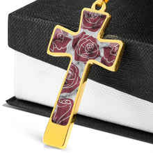 Load image into Gallery viewer, Dark Pink Roses on Faux Marble Cross In Stainless Steel or 18K Gold Finish With Chain Necklace and Gift Box