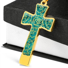 Load image into Gallery viewer, Teal With Rose Outline Pattern on Stainless Steel Cross With Necklace Chain and Gift Box