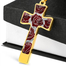 Load image into Gallery viewer, Red Roses on Cross Pendant Necklace White Faux Marble In Stainless Steel or 18K Gold Finish With Chain and Gift Box