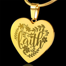 Load image into Gallery viewer, Faith 18K Gold Plated Heart Pendant Religious Floral Design Engraved Includes Chain and Gift Box