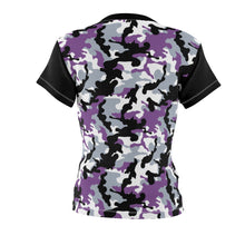 Load image into Gallery viewer, Camo Pattern Women's Tee Purple, White and Black Camouflage With Contrast Sleeves